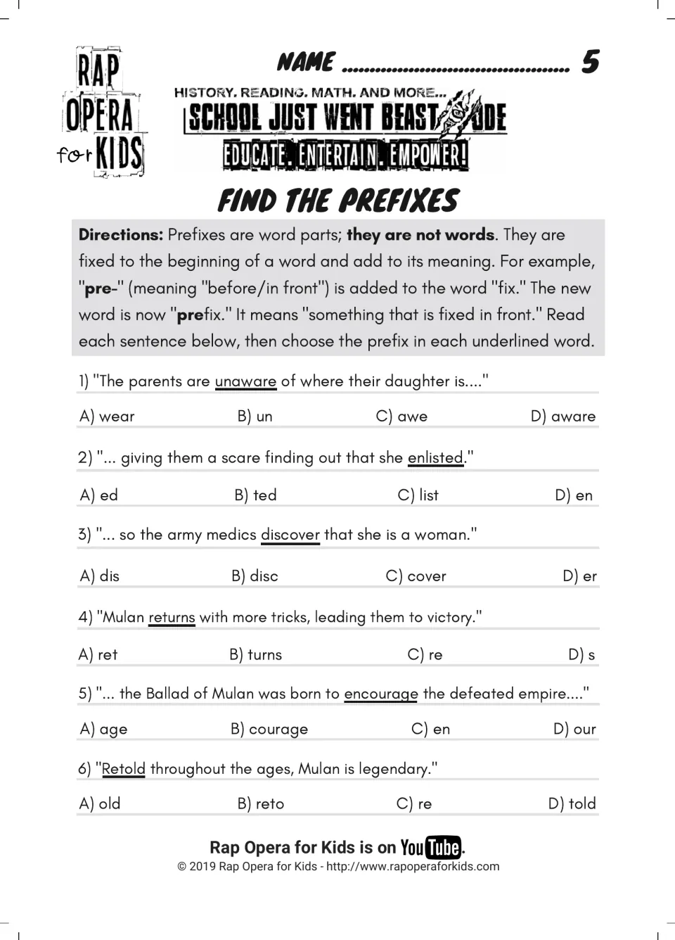 Find the prefixes: students choose the prefix in 6 underlined song words such as discover, returns and retold
