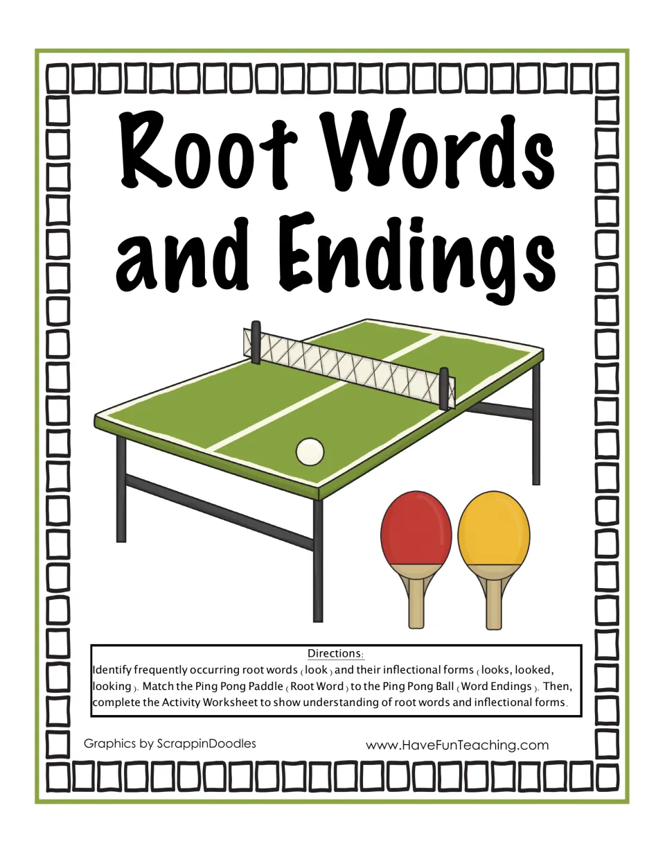 Root Words and Endings cover: ping pong table and paddles, with directions to match root word paddles to ending balls