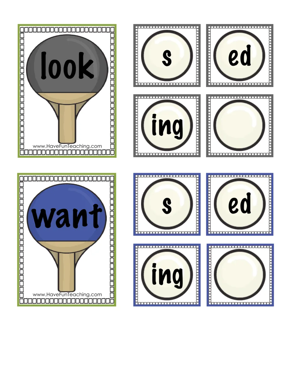 Paddle cards for the root words look and want, each with ball cards for the endings s, ed and ing plus one blank ball