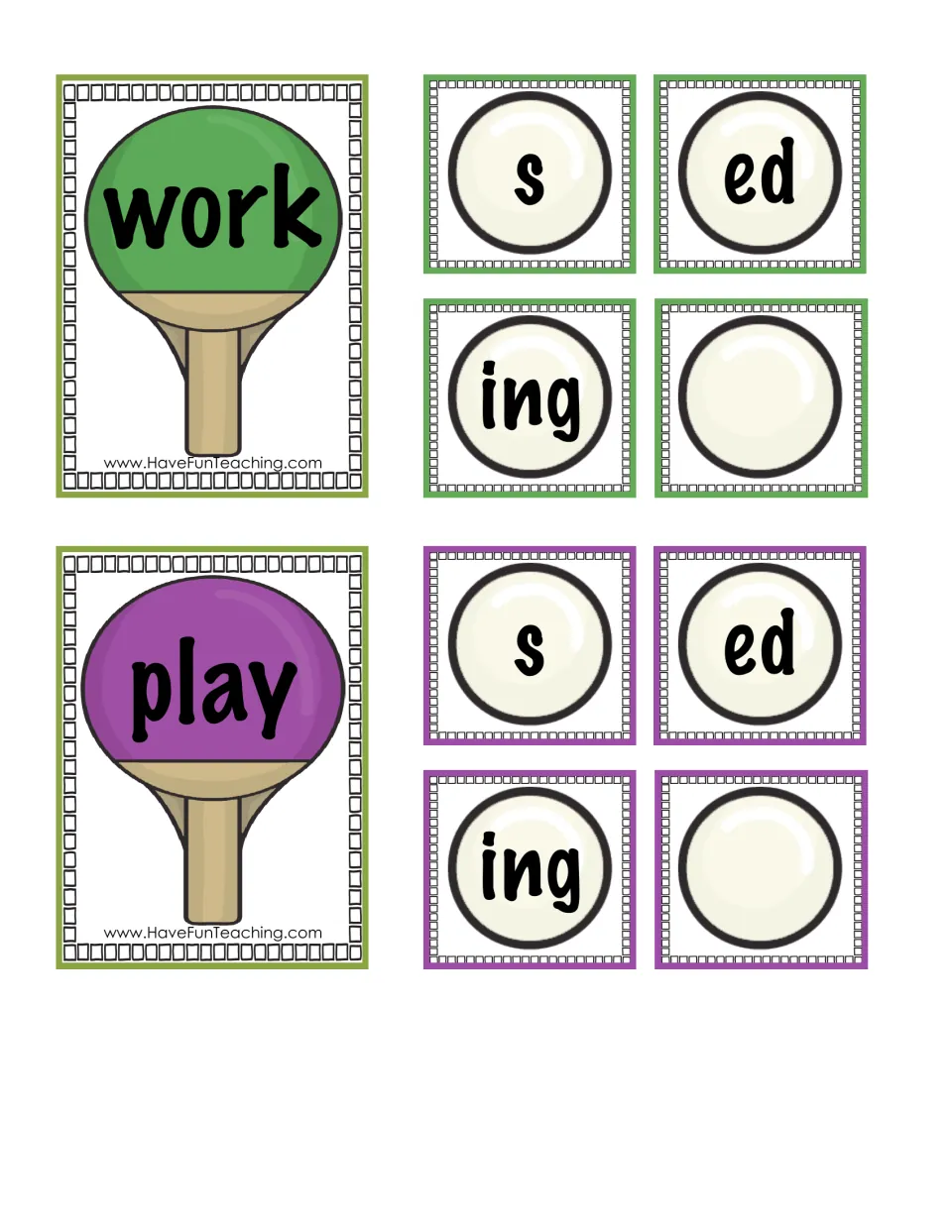 Inflectional endings cards: work and play paddles to pair with s, ed and ing balls so students build forms like played