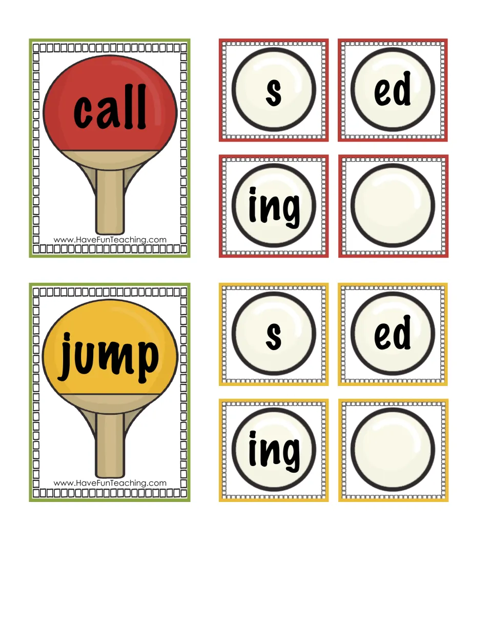 Adding endings to verbs: call and jump paddle cards matched with s, ed and ing balls to form words such as jumping