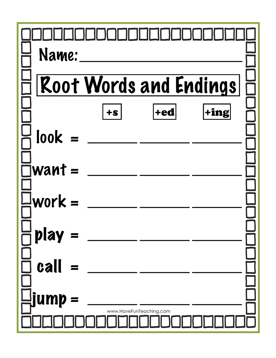 Activity sheet: students write the +s, +ed and +ing forms of look, want, work, play, call and jump on blanks