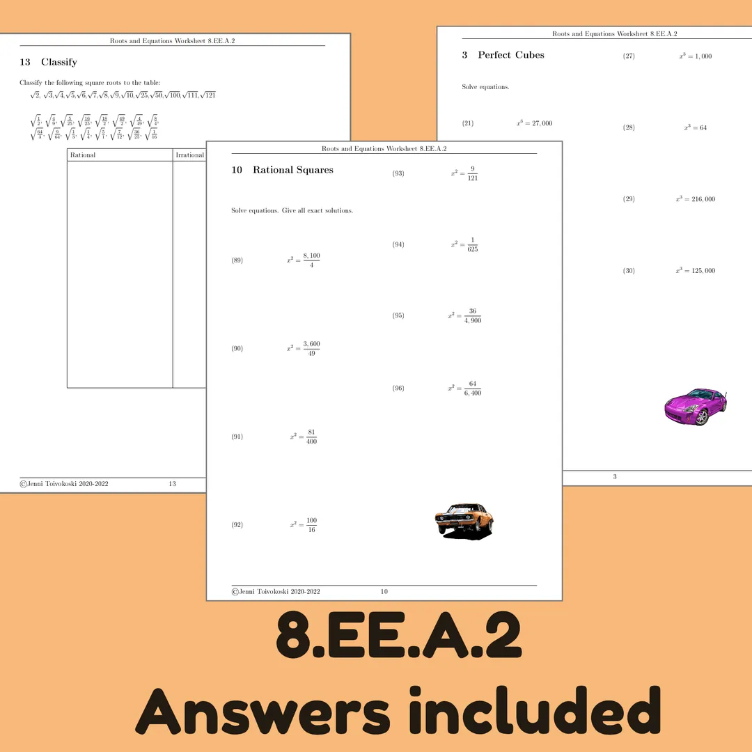 Roots and Equations Worksheet with Quadratic and Cubic Equations 8.EE.A.2 – cover
