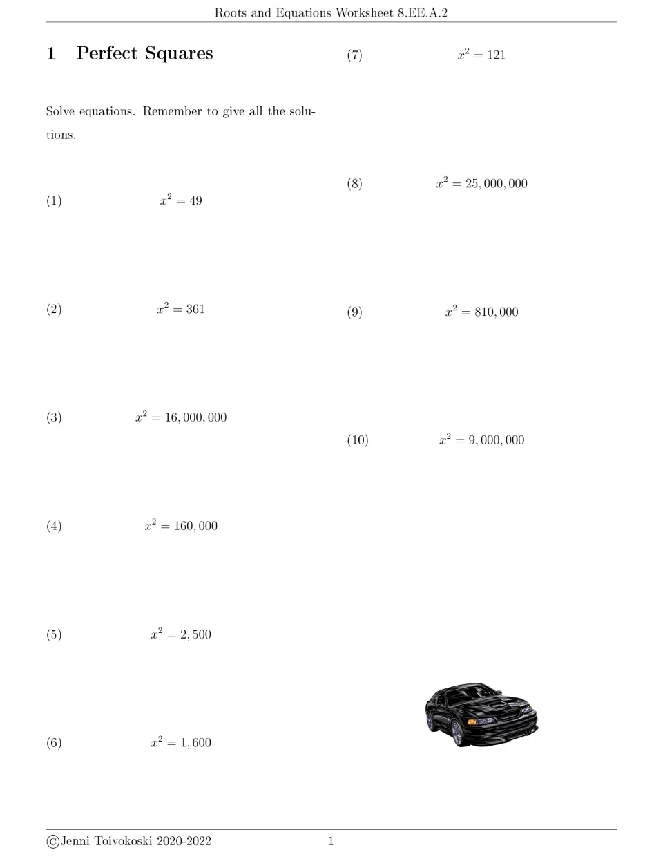 Perfect squares 1: students solve ten equations like x² = 49 and x² = 810,000, giving both the positive and negative root