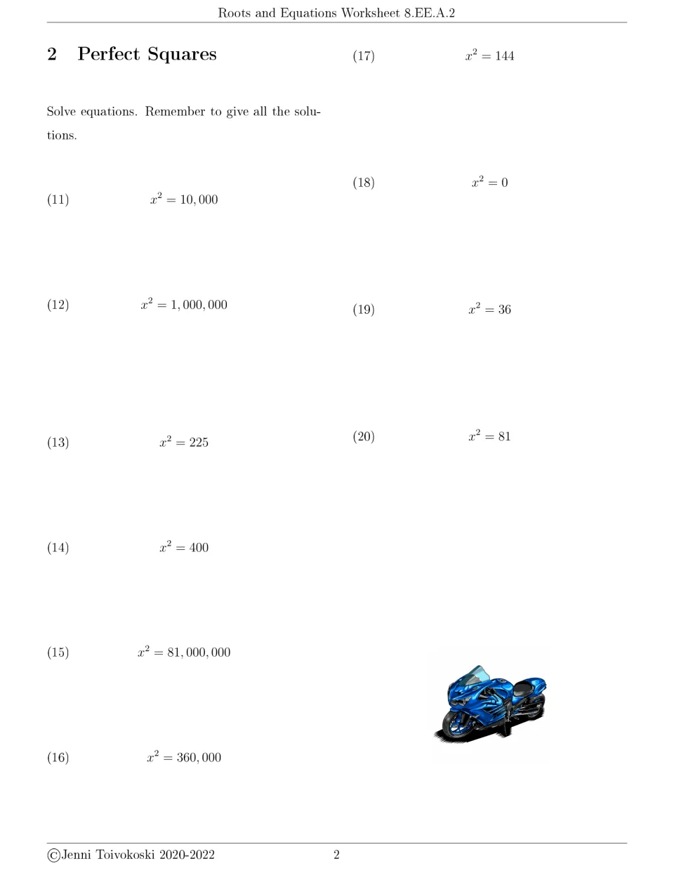 Perfect squares 2: problems 11–20 ask students to solve x² = 10,000, x² = 0, x² = 144 and more, listing all solutions