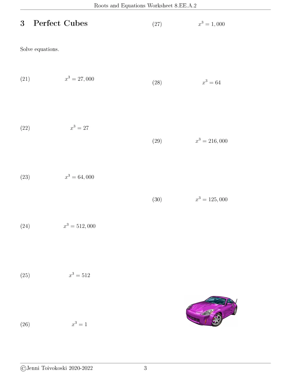 Perfect cubes 1: students solve x³ = 27, x³ = 64,000, x³ = 1 and seven more equations by taking the cube root