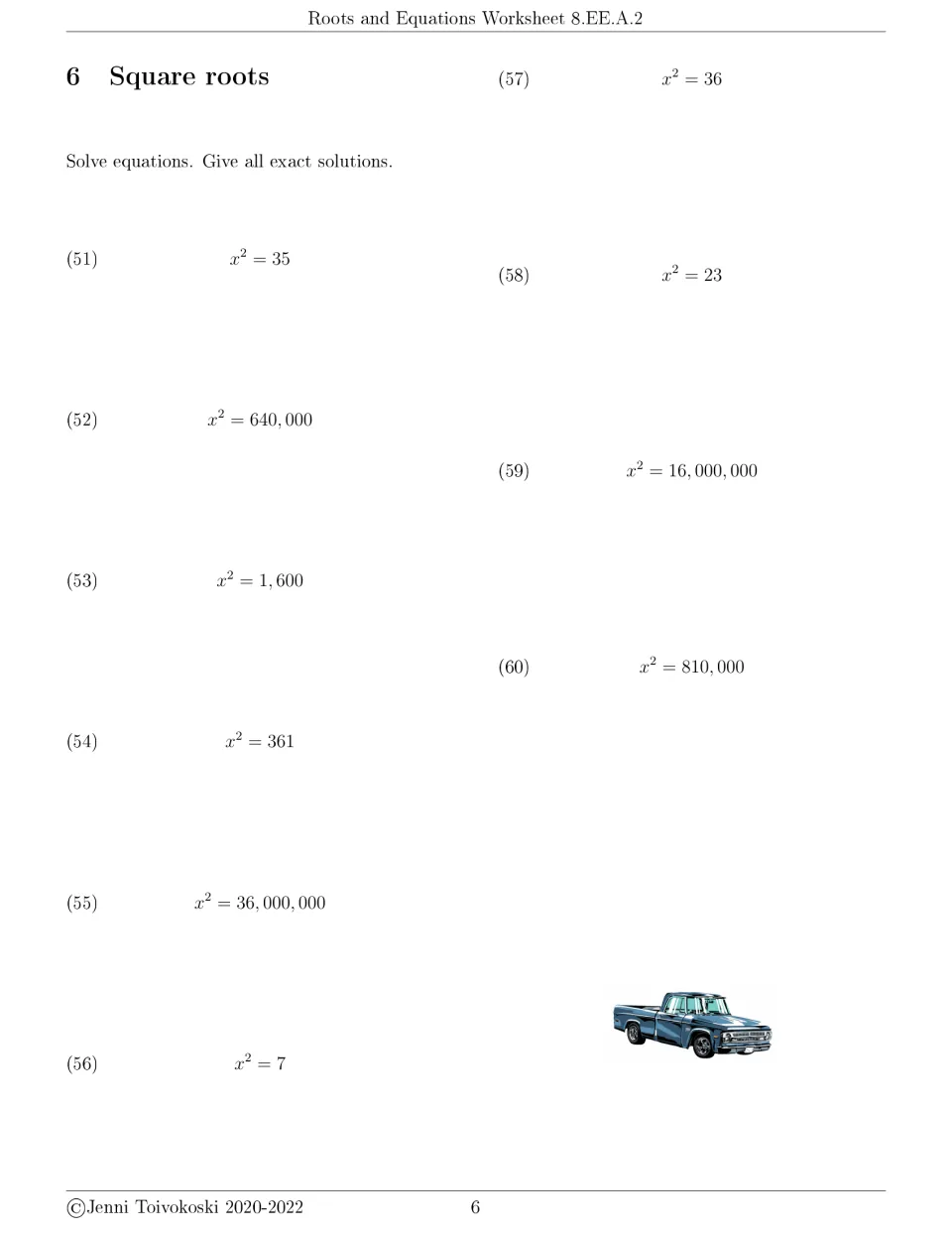 Square roots 2: problems 51–60 include x² = 35, x² = 7 and x² = 36,000,000; students give all exact solutions