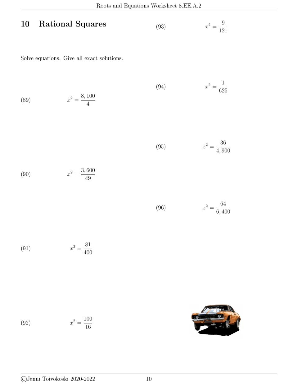 Rational squares 2: problems 89–96 set x² equal to fractions such as 8,100/4, 81/400 and 1/625 for students to solve