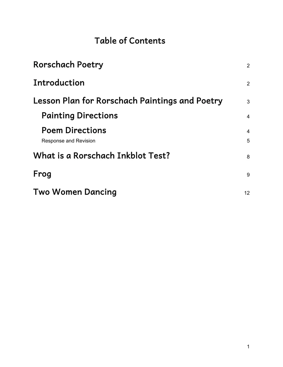 Table of contents listing painting and poetry directions, revision, inkblot background, and two examples
