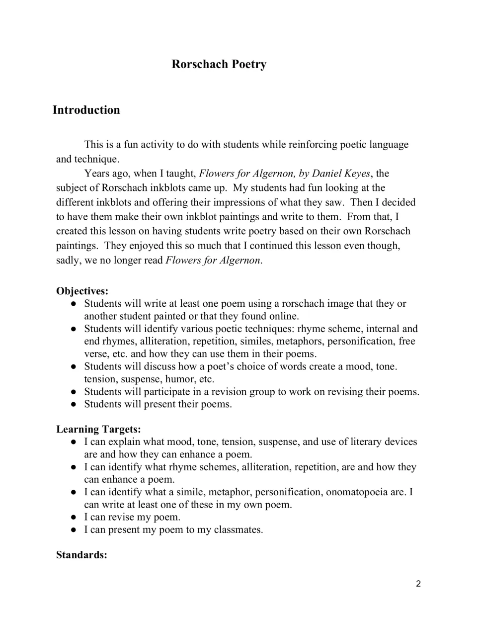 Lesson introduction outlines writing poems from inkblots, using poetic techniques, revising, and presenting