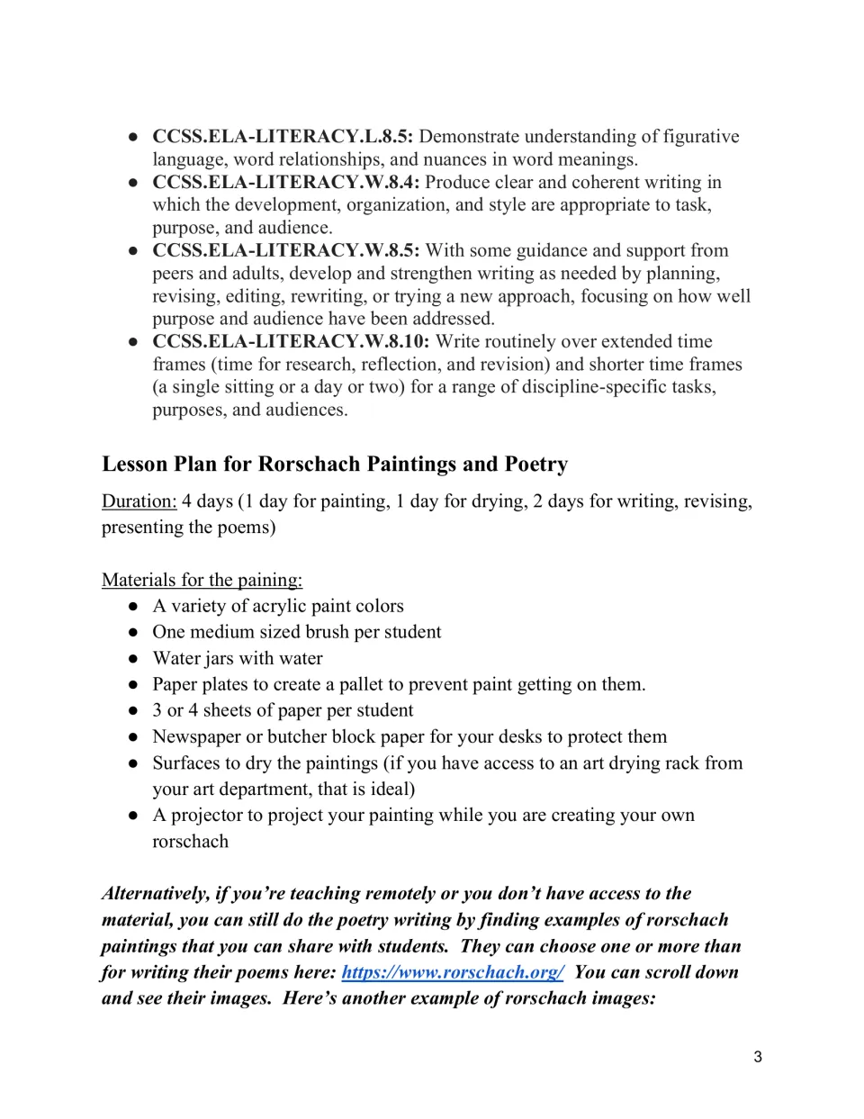 Lesson plan lists writing standards, a four-day schedule, painting supplies, and an online-image alternative