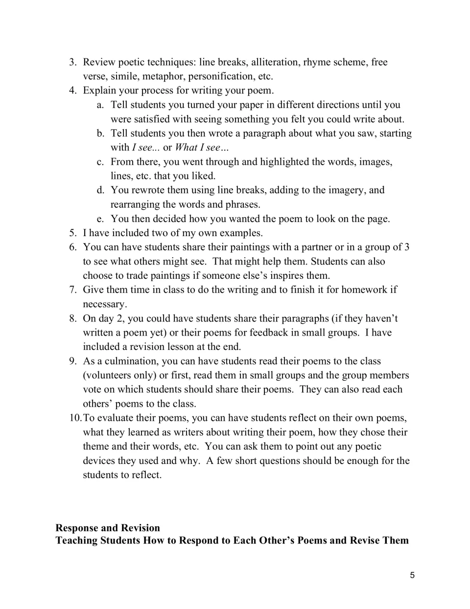 Poem directions explain turning observations into verse, sharing drafts, presenting, and reflecting on choices