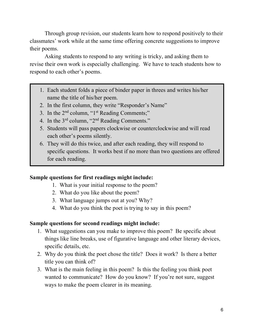 Peer revision directions use two readings, with questions about first impressions, language, titles, and feeling