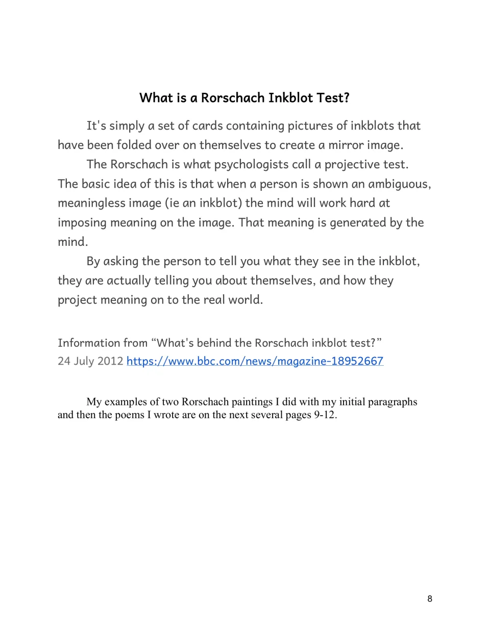 Inkblot background handout explains mirror images and interpreting ambiguous shapes, then introduces two examples
