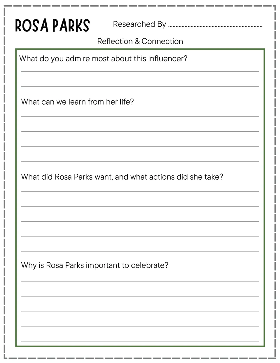 Rosa Parks reflection and connection: students write what they admire, what her life teaches and why she is celebrated