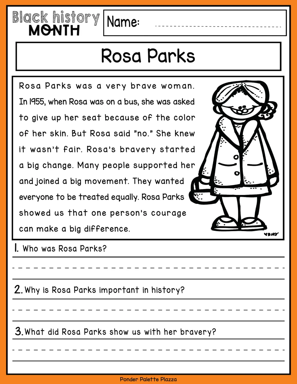 Rosa Parks passage about refusing to give up her bus seat in 1955: students answer 3 written comprehension questions