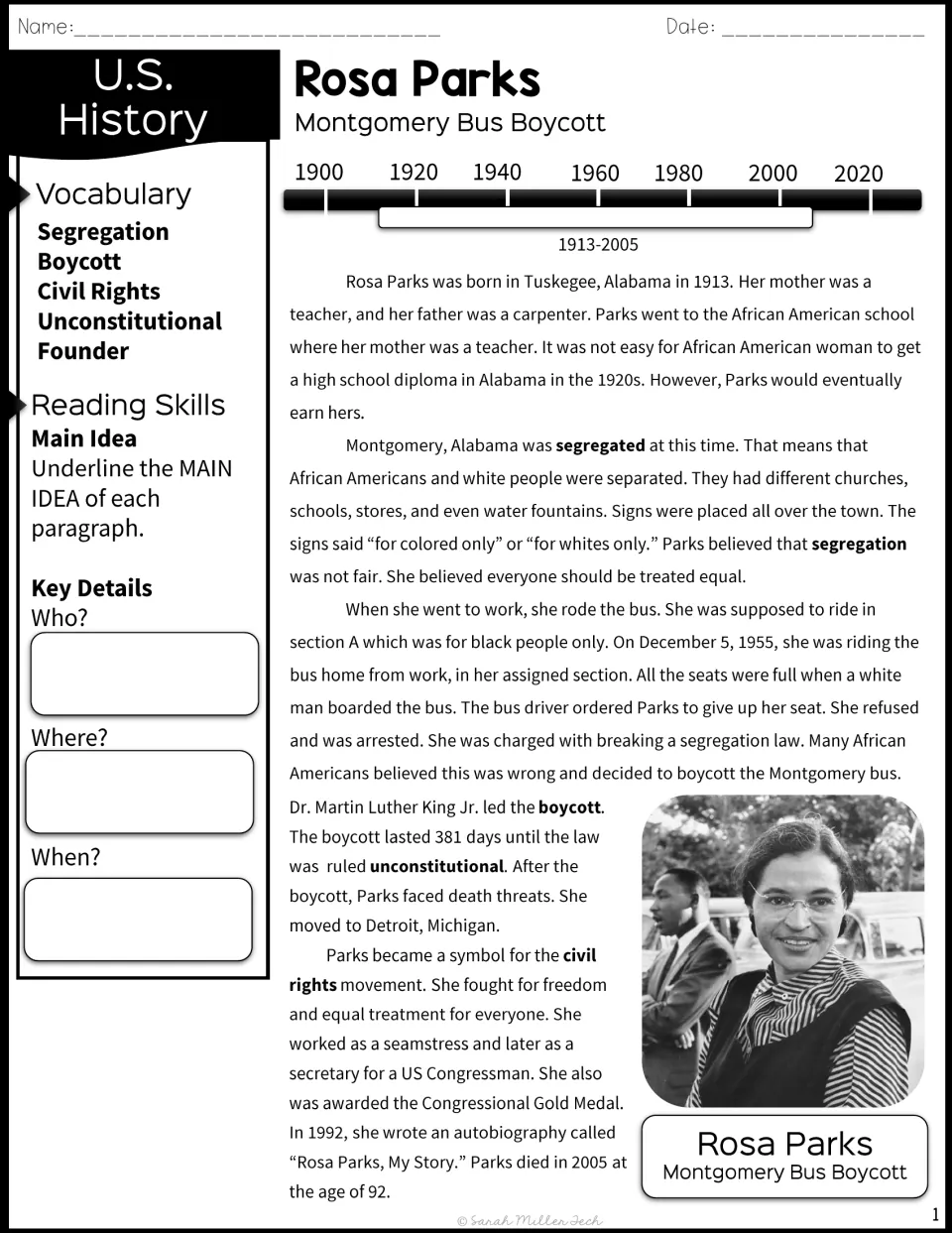 Biographical passage about Rosa Parks and the Montgomery bus boycott, with vocabulary and main idea practice