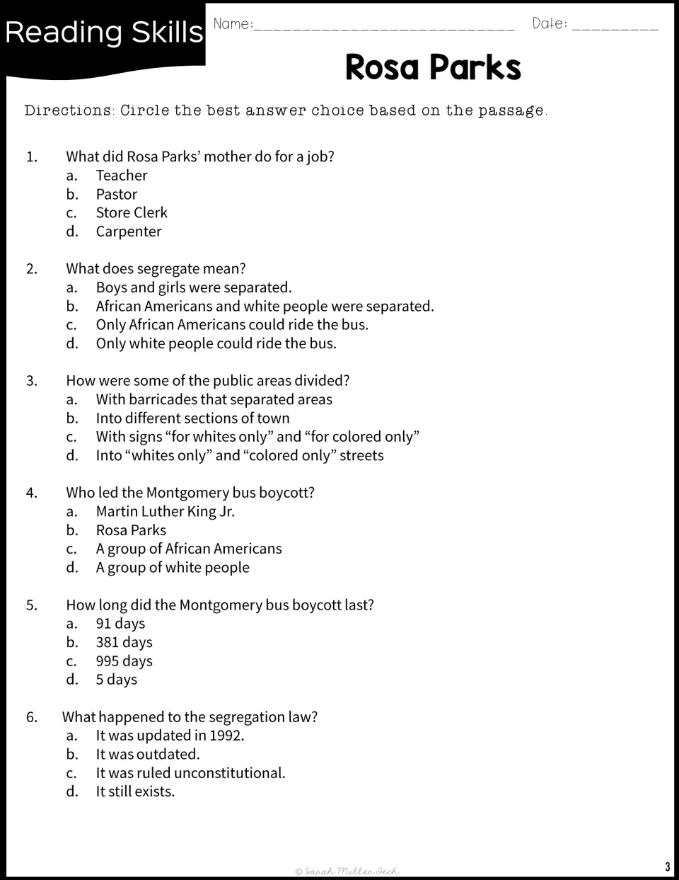 Comprehension questions 1–6 cover Parks' mother, segregation, public signs, and the Montgomery bus boycott