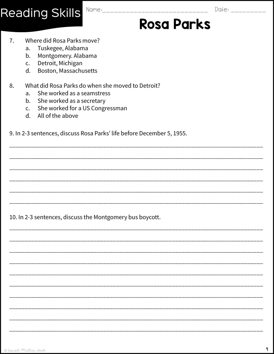 Questions 7–10 cover Parks' move to Detroit and jobs, plus written responses about her life and the boycott