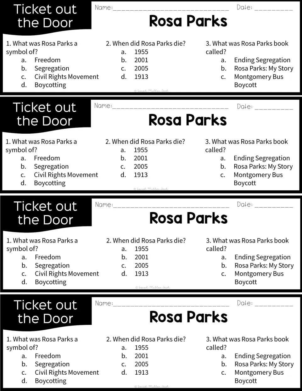 Four identical exit tickets ask what Parks symbolized, when she died, and the title of her autobiography