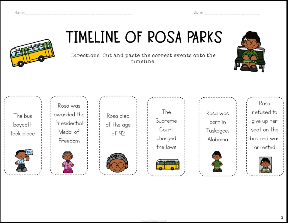 Six event cards to cut out: born in Tuskegee, refused her seat and arrested, bus boycott, Supreme Court, medal, death at 92