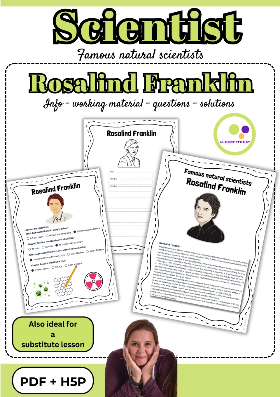 Rosalind Franklin activity set cover showing biography, profile, and quiz samples and a PDF + H5P label