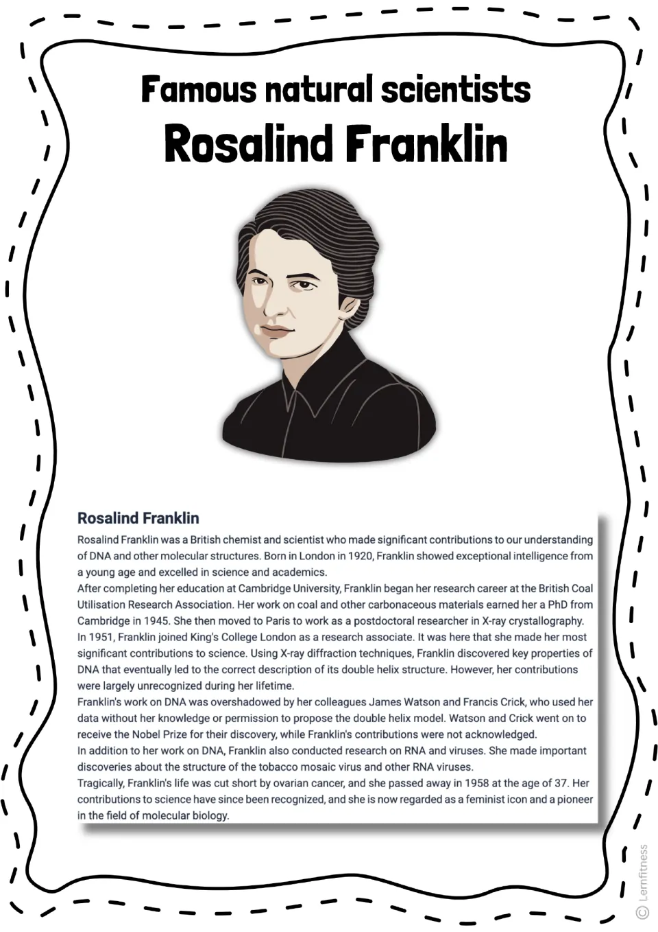 Rosalind Franklin biography with a color portrait covers her education, DNA research, and work on viruses