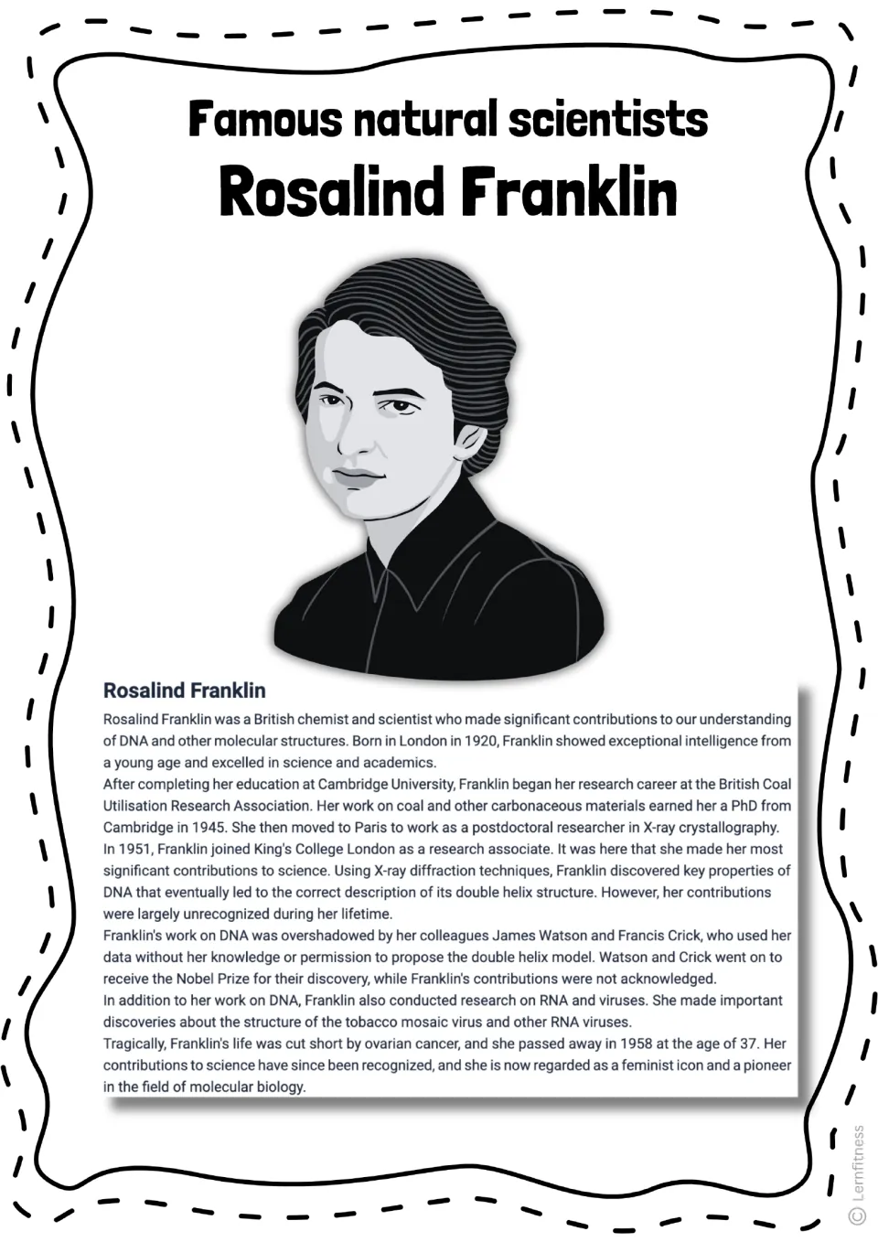 Rosalind Franklin biography with a grayscale portrait traces her research on coal, DNA, RNA, and viruses