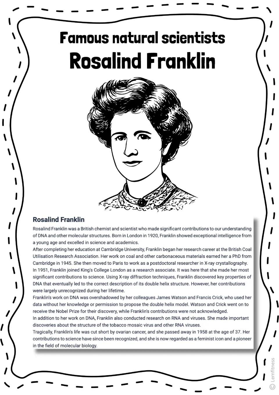 Rosalind Franklin biography with a black-and-white illustrated portrait describes her life and DNA research