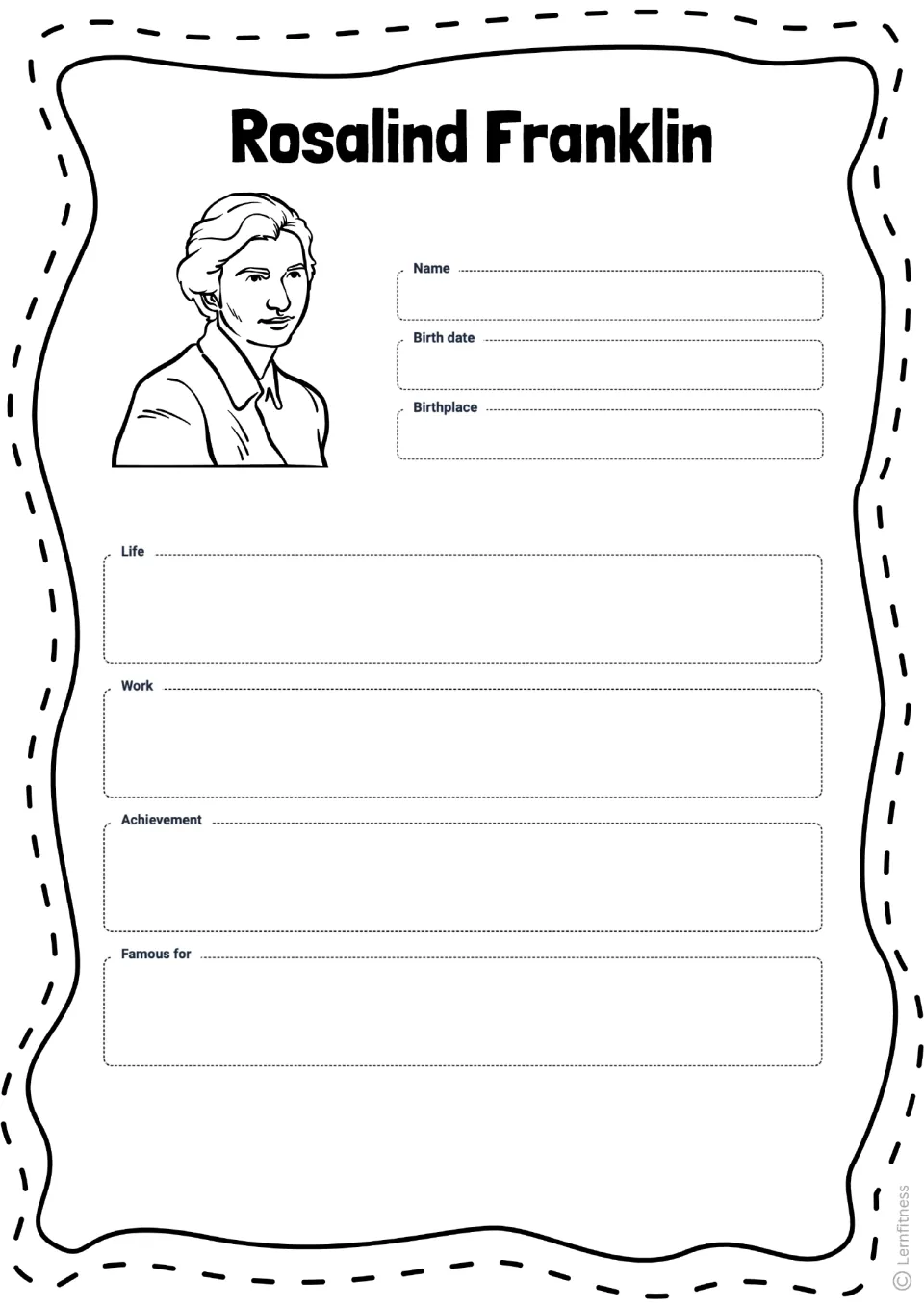 Rosalind Franklin profile worksheet asks for birth details, life, work, achievement, and what she is famous for