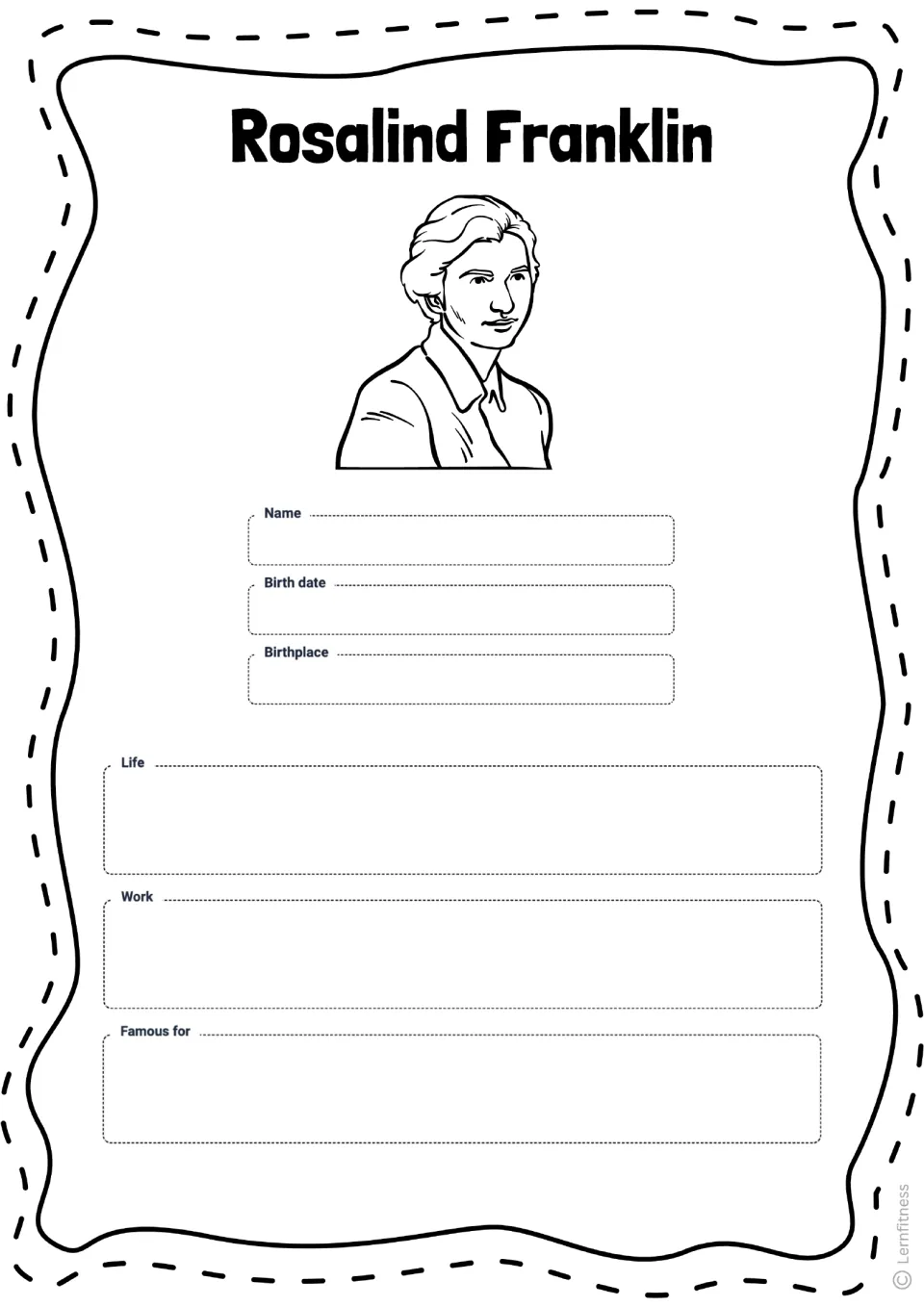 Rosalind Franklin profile worksheet asks for her name, birth date, birthplace, life, work, and claim to fame