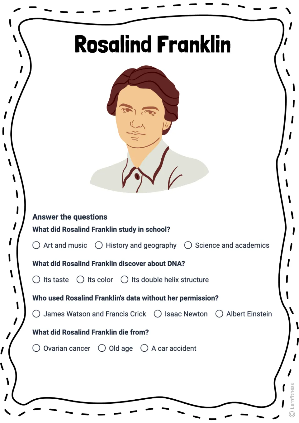 Rosalind Franklin four-question quiz with a color portrait asks about her studies, DNA, data use, and death
