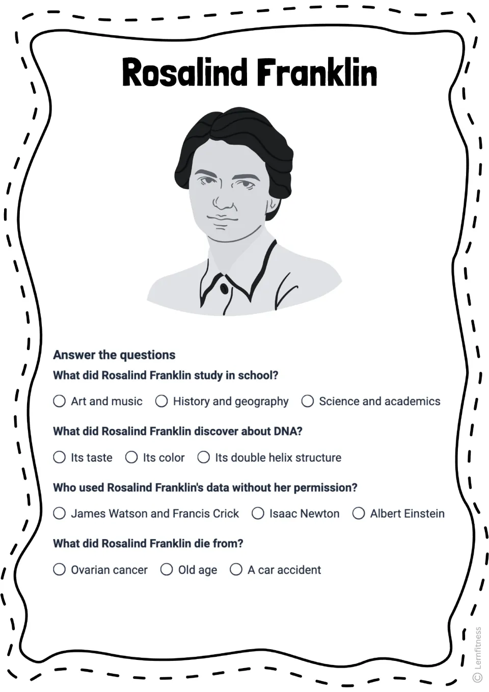 Rosalind Franklin quiz with a grayscale portrait repeats four questions on her studies, DNA, data, and death