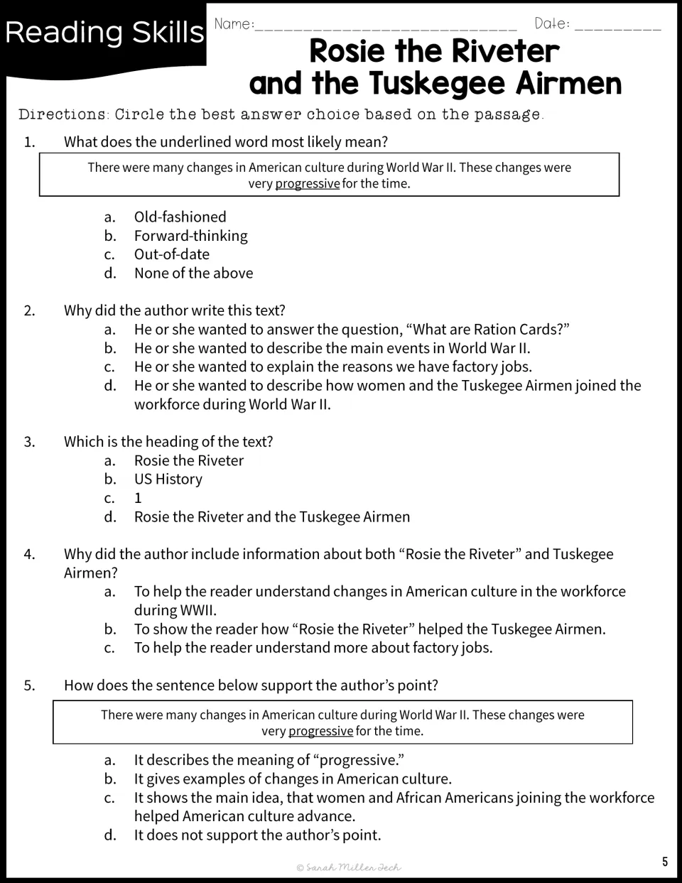 Five passage questions on the meaning of progressive, author's purpose, the heading, and support for ideas