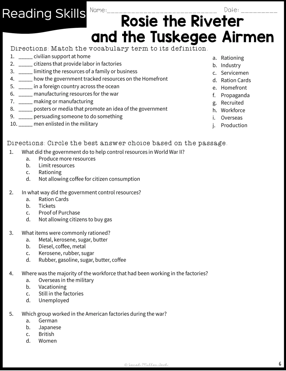 Ten vocabulary matches and five passage questions about wartime rationing, resources, and factory workers