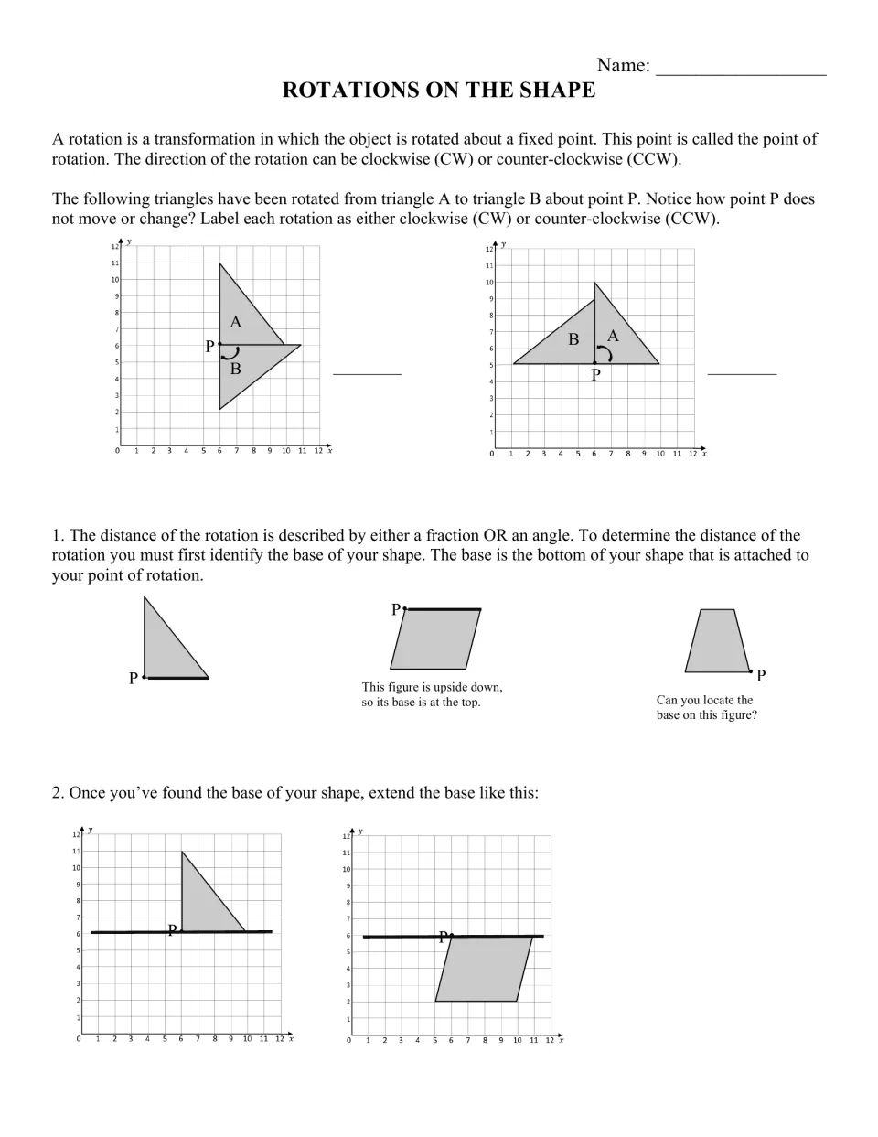 Rotations on the shape: students label triangle turns about point P as CW or CCW, then find and extend each figure's base