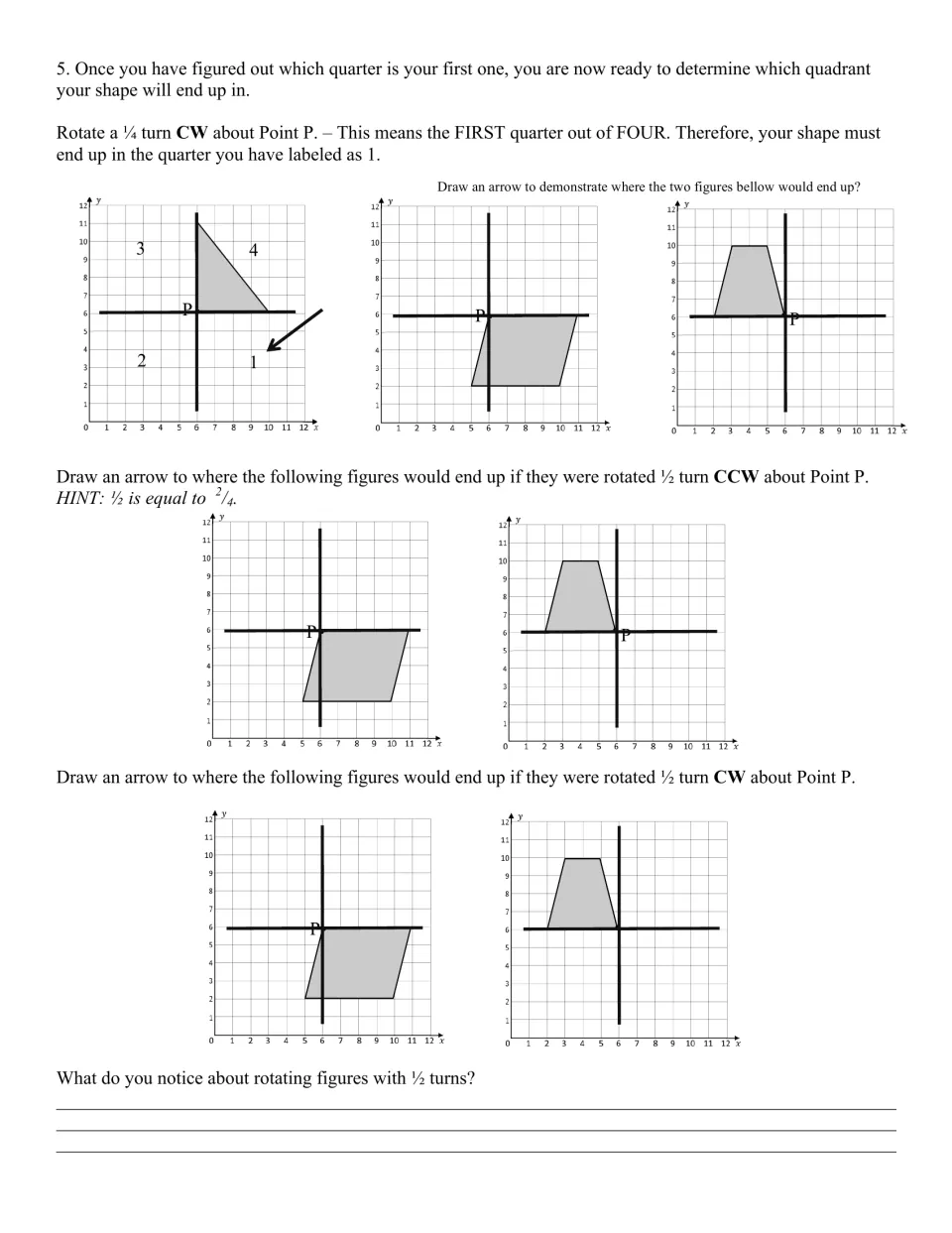 Fraction turns about point P: students draw arrows showing where figures land after 1/4 and 1/2 turns CW and CCW