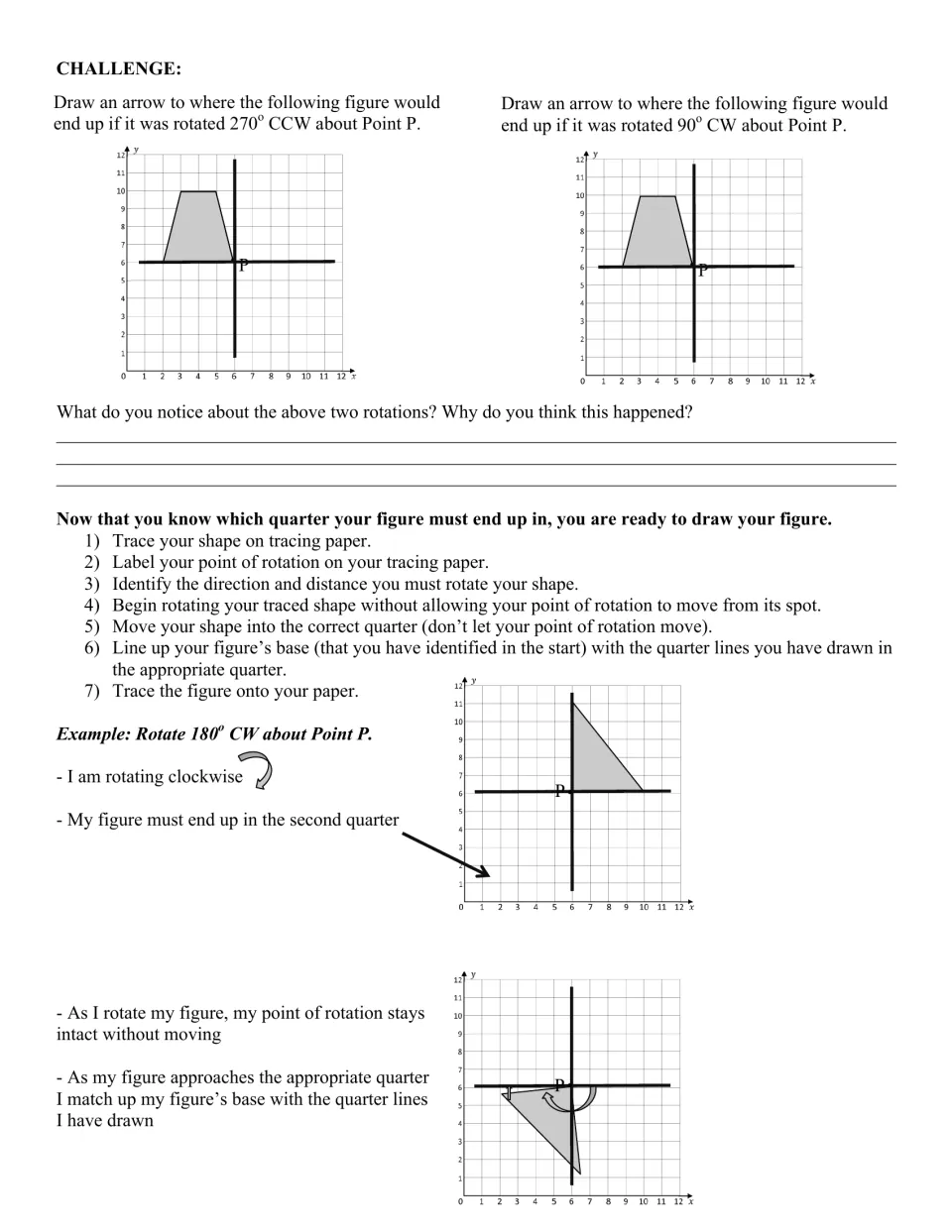 Challenge: compare 270 degrees CCW with 90 degrees CW, then 7 tracing-paper steps and a worked 180 degree CW example