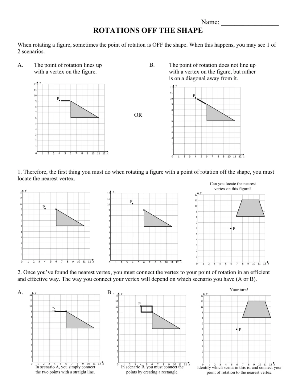 Rotations off the shape: scenarios A and B; students find the nearest vertex and connect it to point P