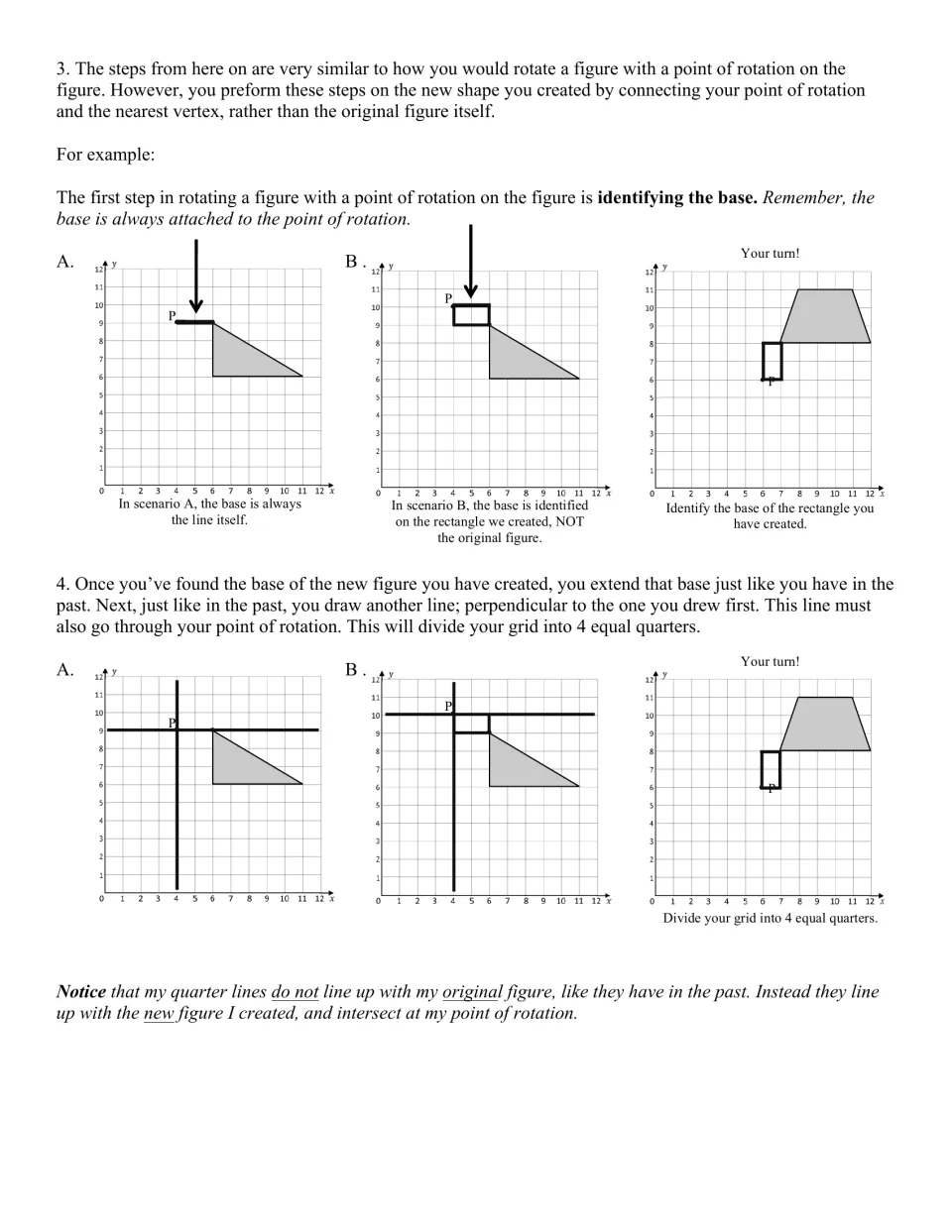 Base of the new shape joining P to the nearest vertex: students identify it, then draw 4 quarters for scenarios A and B