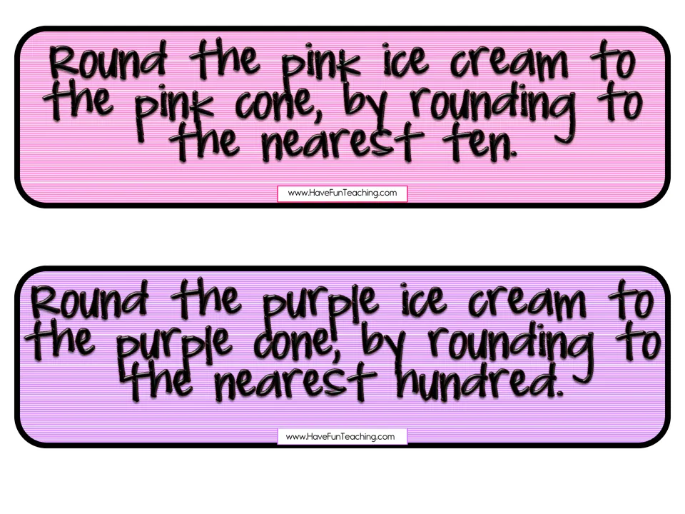 Rounding rules: pink ice cream matches pink cones to the nearest ten; purple matches purple cones to the nearest hundred
