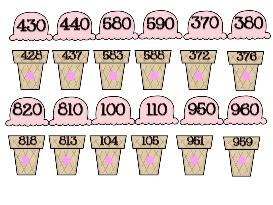 Rounding to the nearest ten: cut-out pink scoops such as 430 and 950 to match with cones showing 428, 437, 951 and more