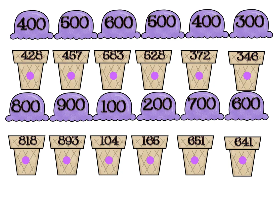 Rounding to the nearest hundred: cut-out purple scoops like 400 and 900 to match with cones showing 428, 893, 641 and more