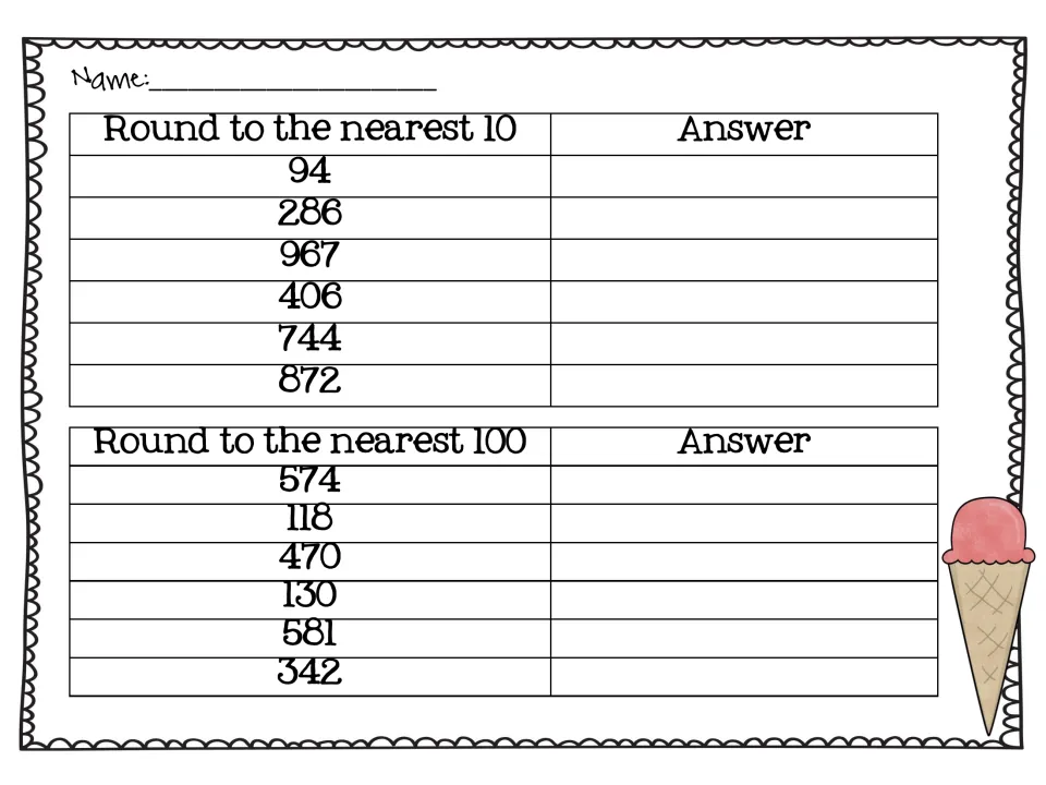 Rounding practice sheet: students round six numbers to the nearest 10, such as 94, and six to the nearest 100, such as 574