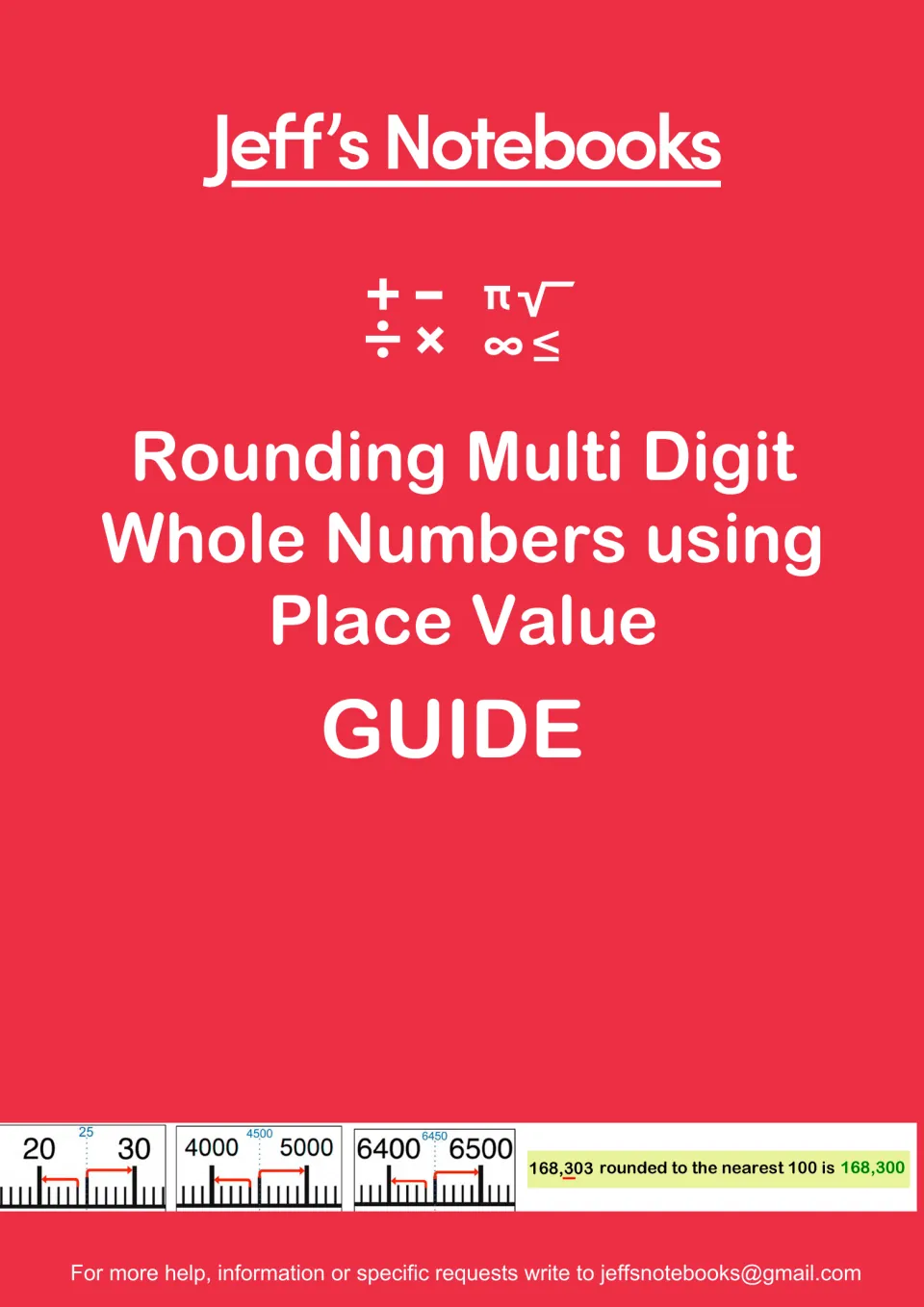 Jeff's Notebooks guide cover for rounding multi-digit whole numbers using place value, with number line strips