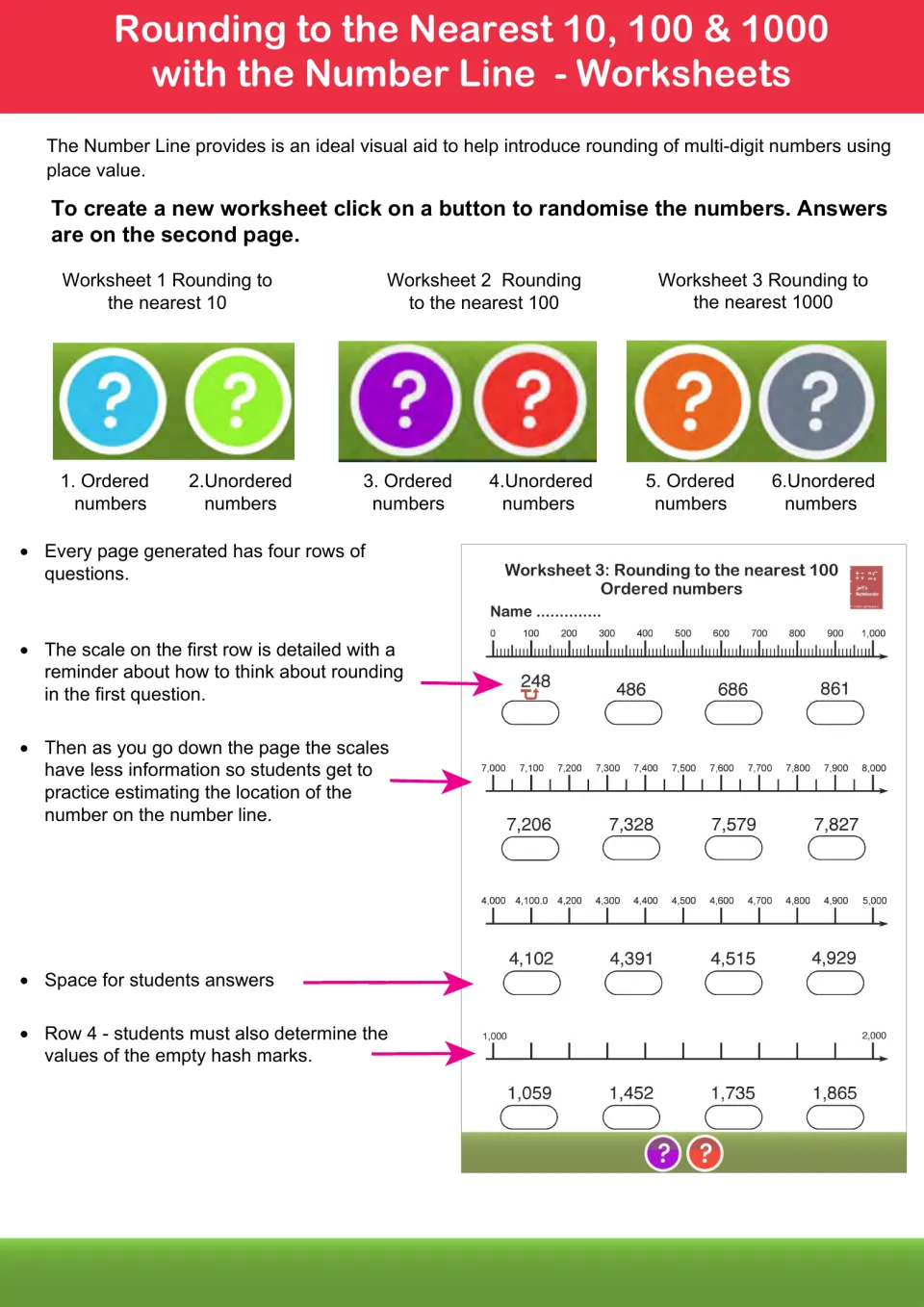 Number line rounding to the nearest 10, 100 and 1000: sample sheet where students place numbers and round on 4 rows