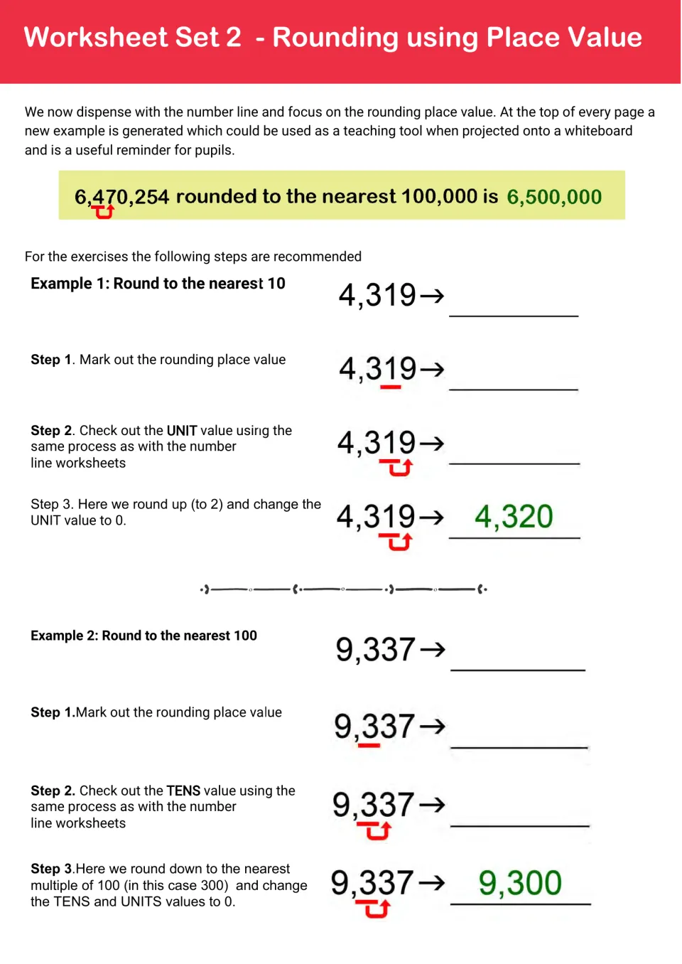 Rounding with place value, no number line: steps to mark the place, check the next digit, round 4,319 and 9,337