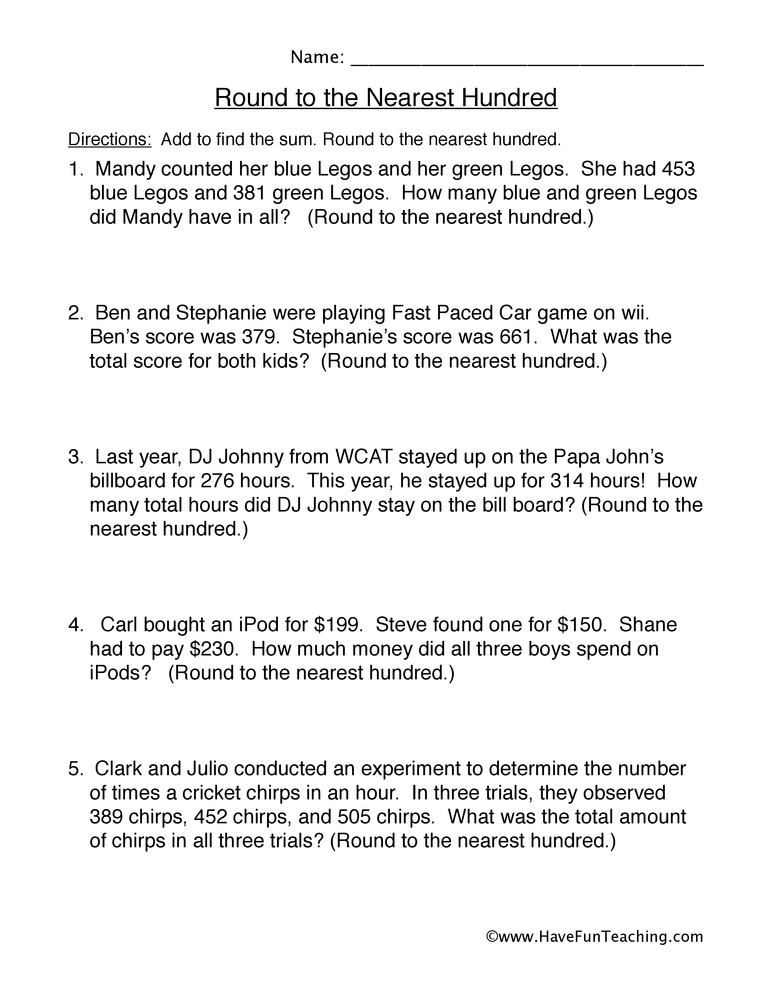 Round To The Nearest Hundred Word Problems Worksheet By Teach Simple