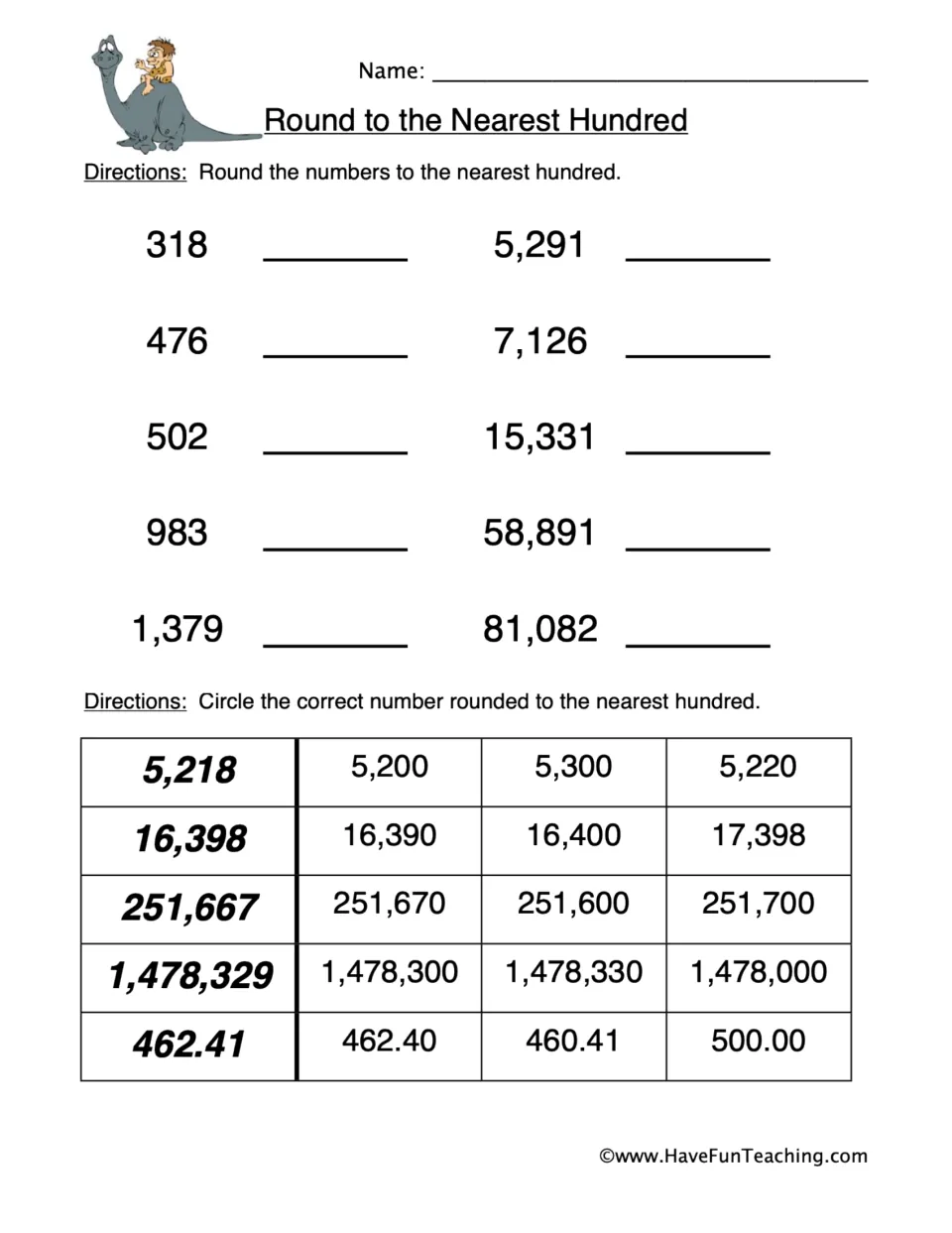 Rounding practice: 10 numbers from 318 to 81,082 and five multiple-choice items, including 462.41