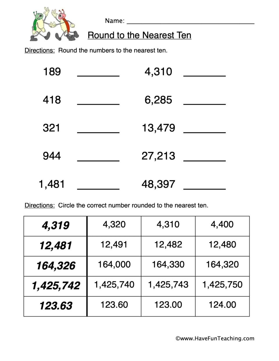 Rounding to the nearest ten: students round 10 numbers from 189 to 48,397, then circle the rounded choice for 5 more
